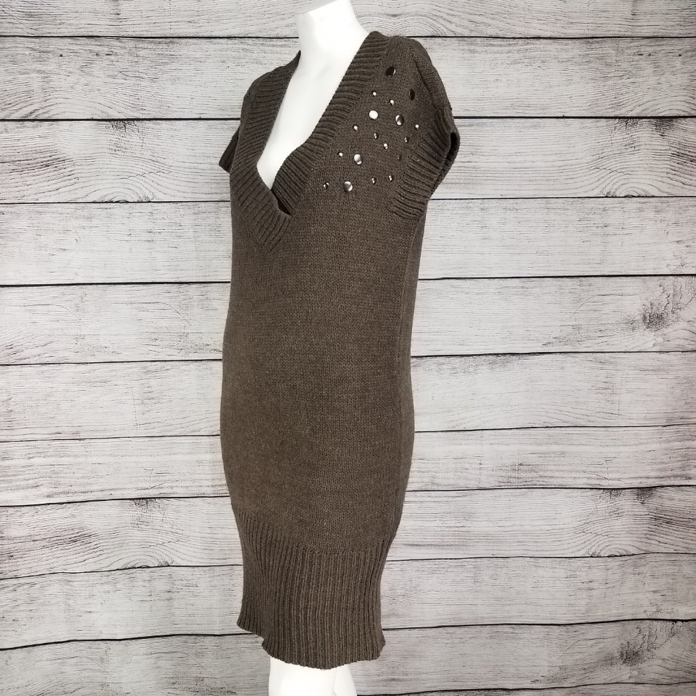 ana Knit Sweater Dress Tunic Mini Short sleeve Embellished Brown Moto Fall S